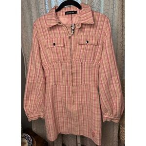 Shane‎ Justin Pink Plaid Tweed Zip-Up Mini Dress – Large-NWT